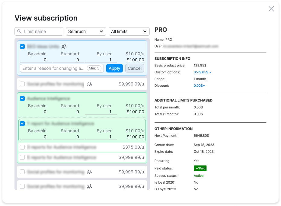 New edit subscription modal with the updated limits module