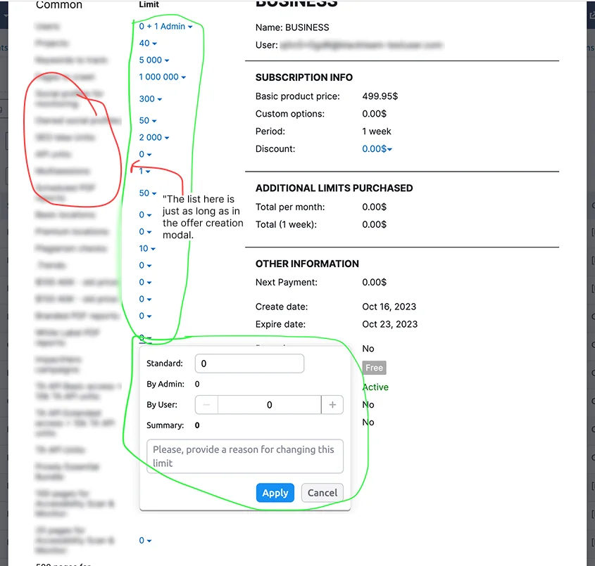 Old modal for viewing and editing a user's subscription