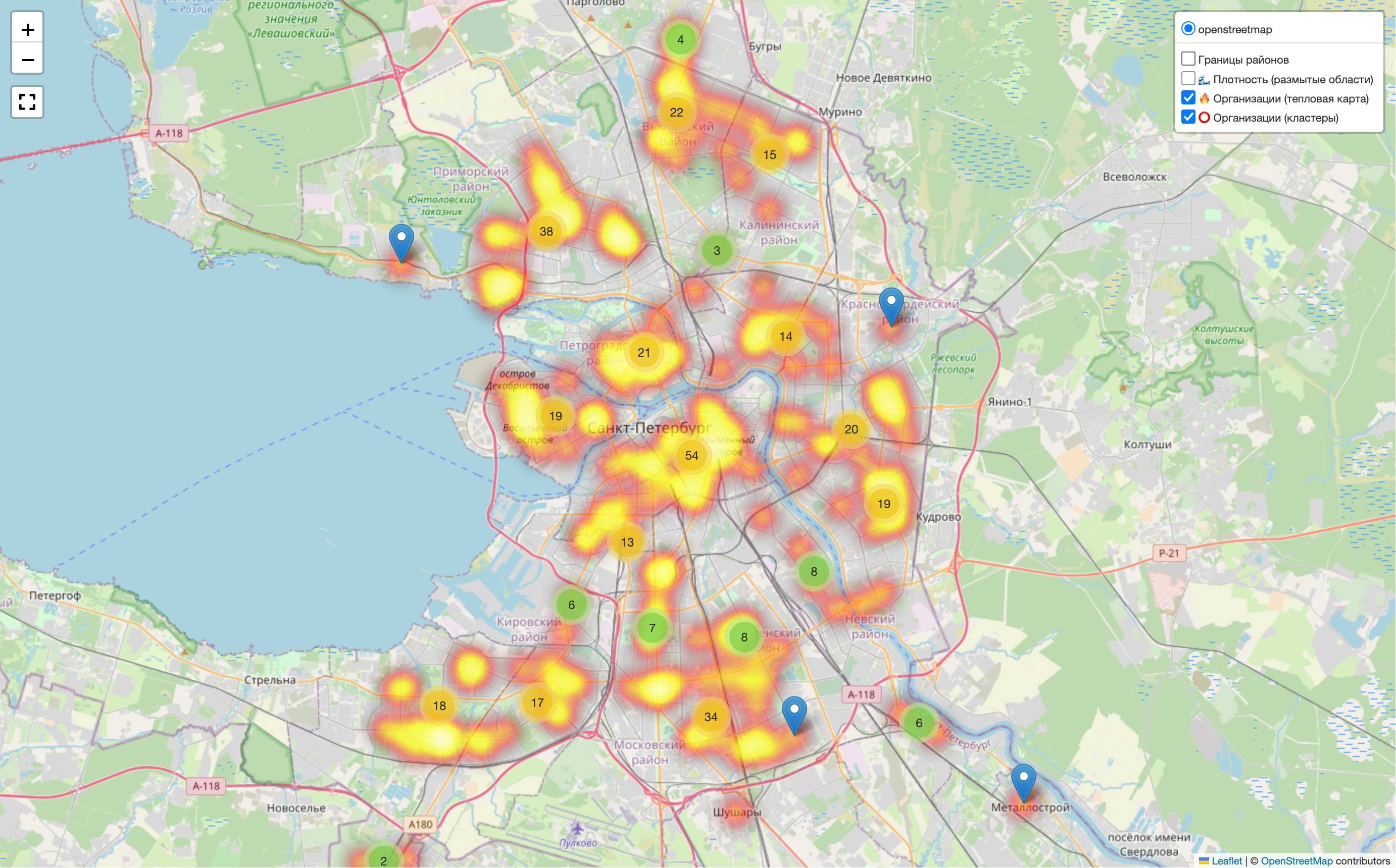 Кластеры и тепловая карта организаций по плотности