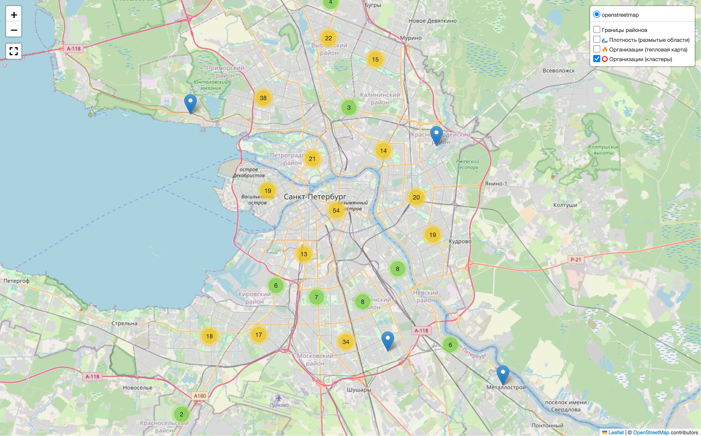 Кластеры работающих и закрытых мастерских на карте СПб