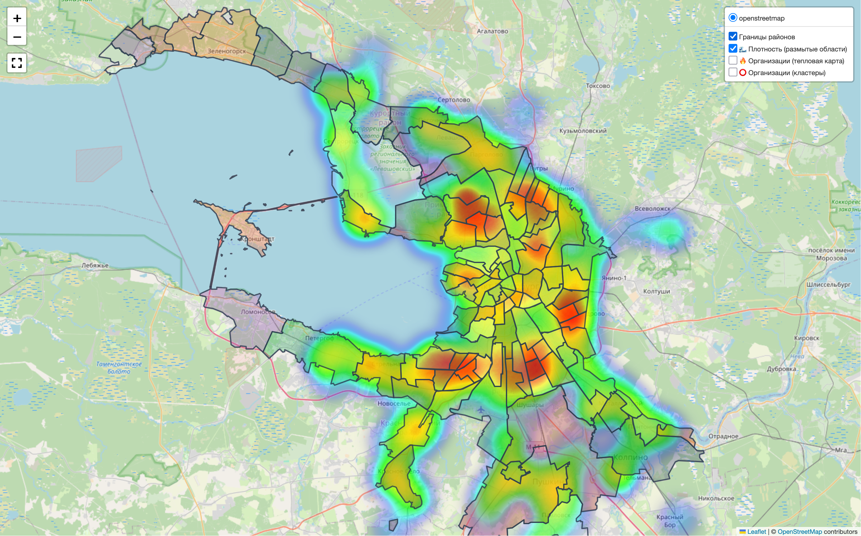 Тепловая карта открытых и закрытых мастерских с границами районов